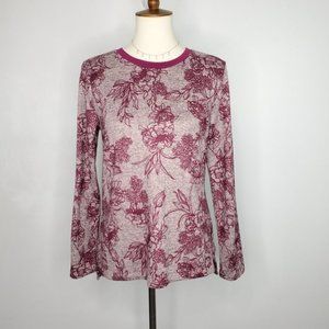 St. John's Bay Heathered Gray Pink W/Wine Purple Outline Floral Knit Top Size S